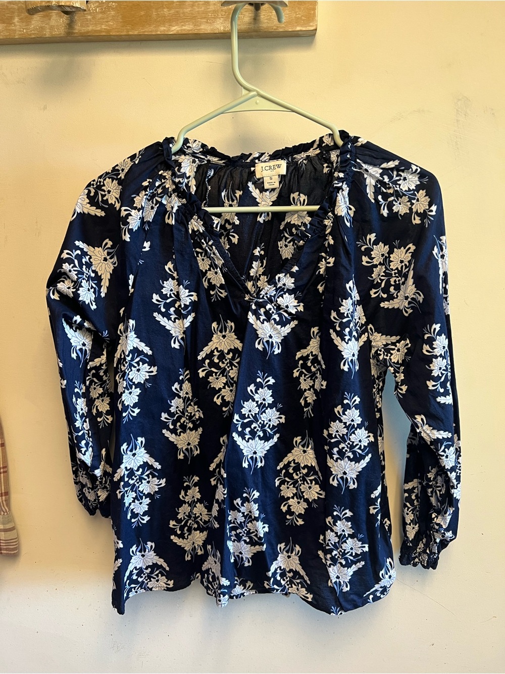J. Crew Navy Floral V-Neck Peasant Blouse